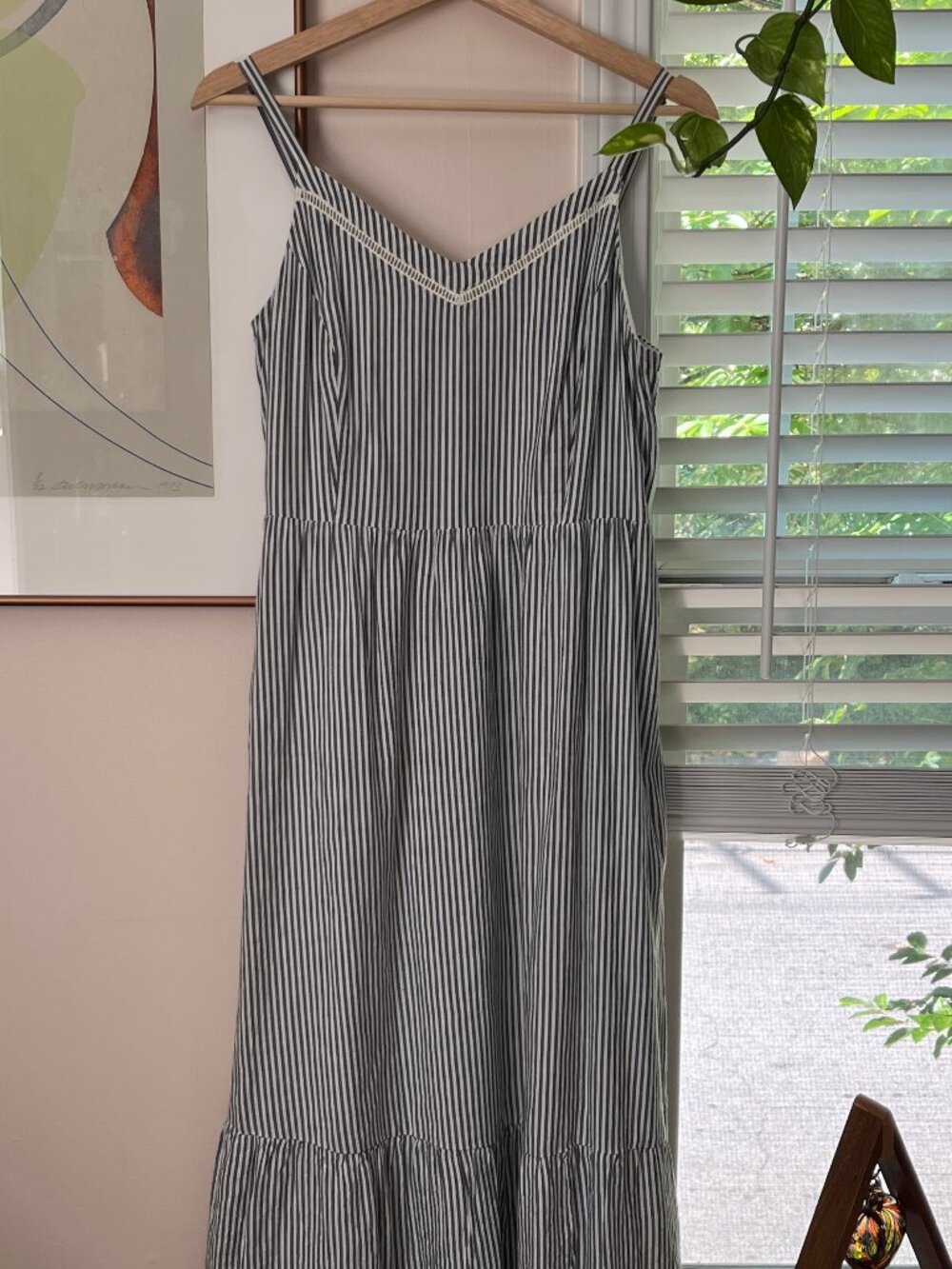 Pinstripe Ruffle Hem Fitted Bodice Cottagecore Midi Dress
